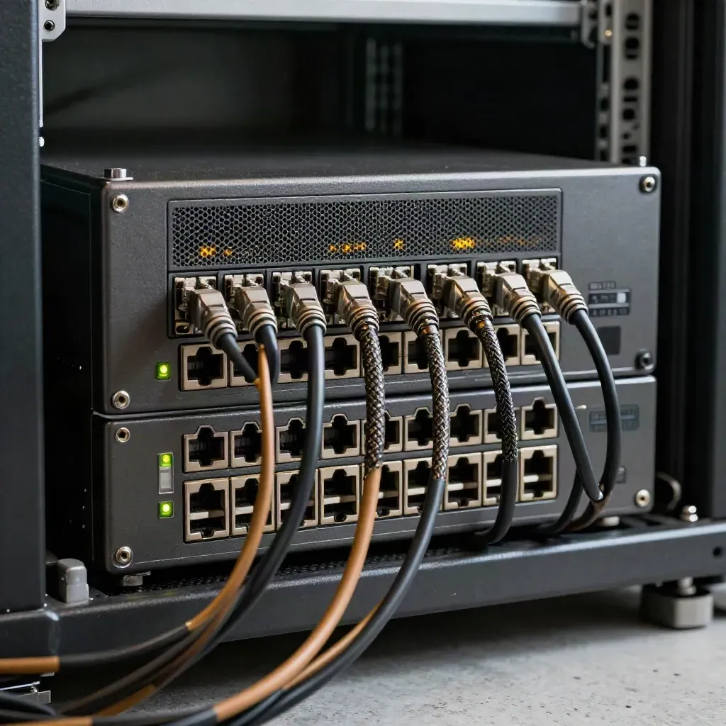 Firewall gestito in rack, cavi ordinati e luci di stato accese