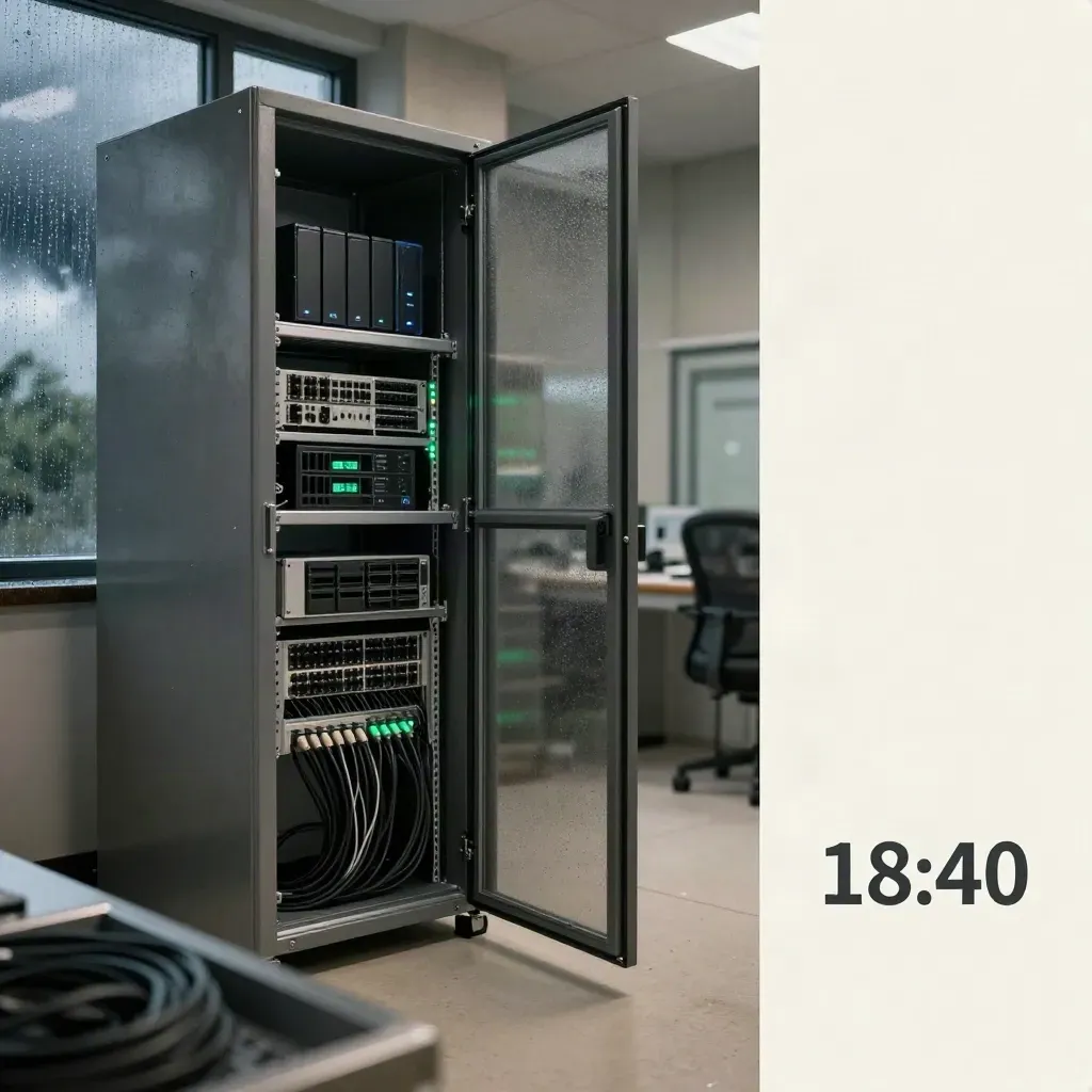Locale tecnico PMI con rack, firewall, NAS e UPS sotto la pioggia serale