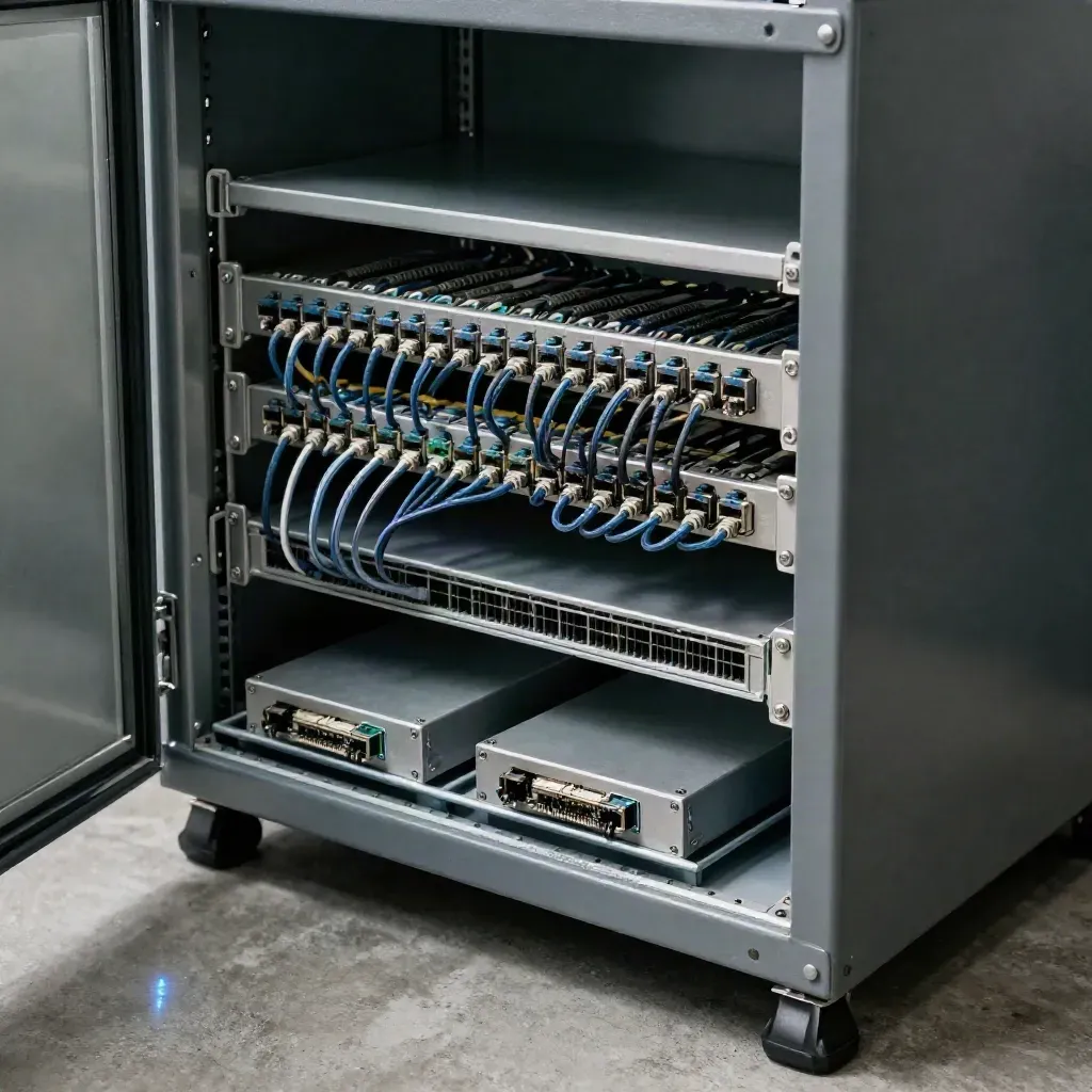 Armadio di rete aperto con patch panel ordinato e firewall compatto in luce drammatica.