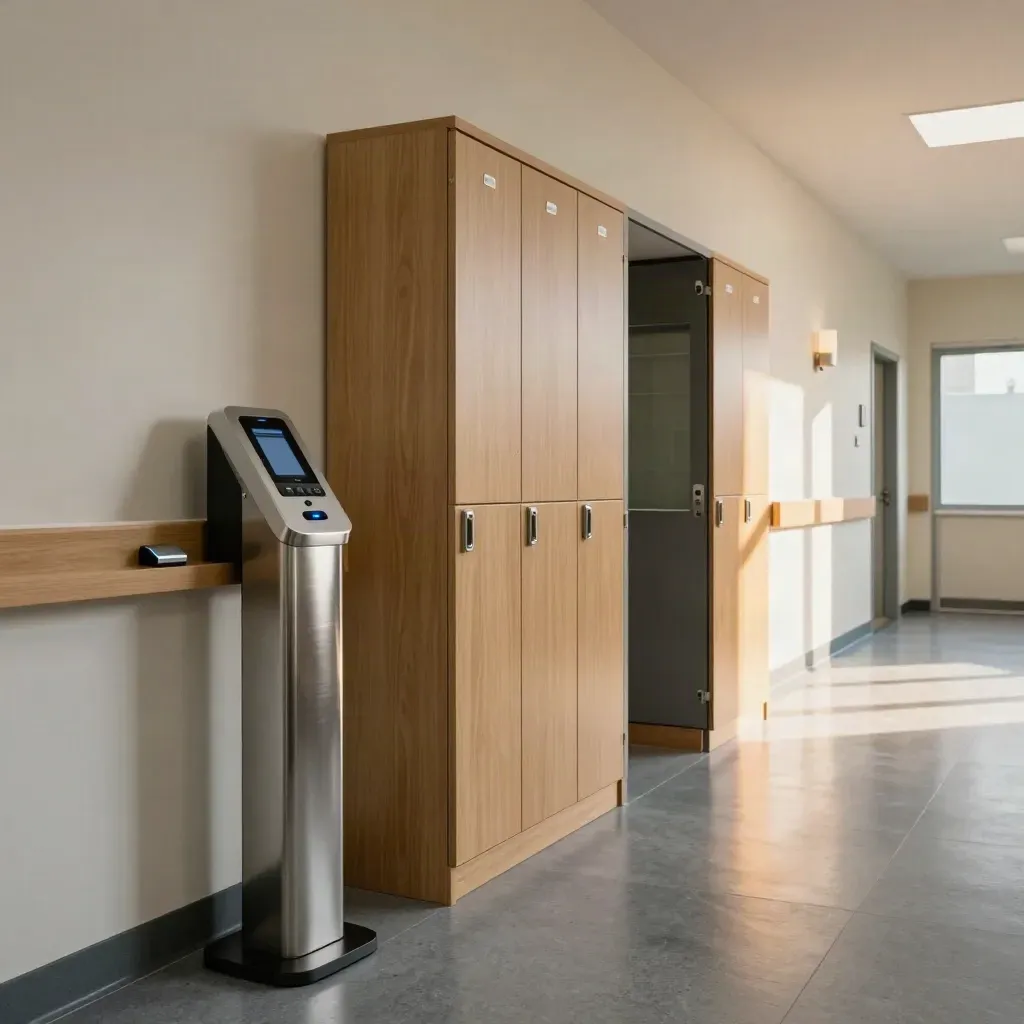 Corridoio di clinica privata con lettore badge, armadietti e rack discreto, luce calda e ordinata.