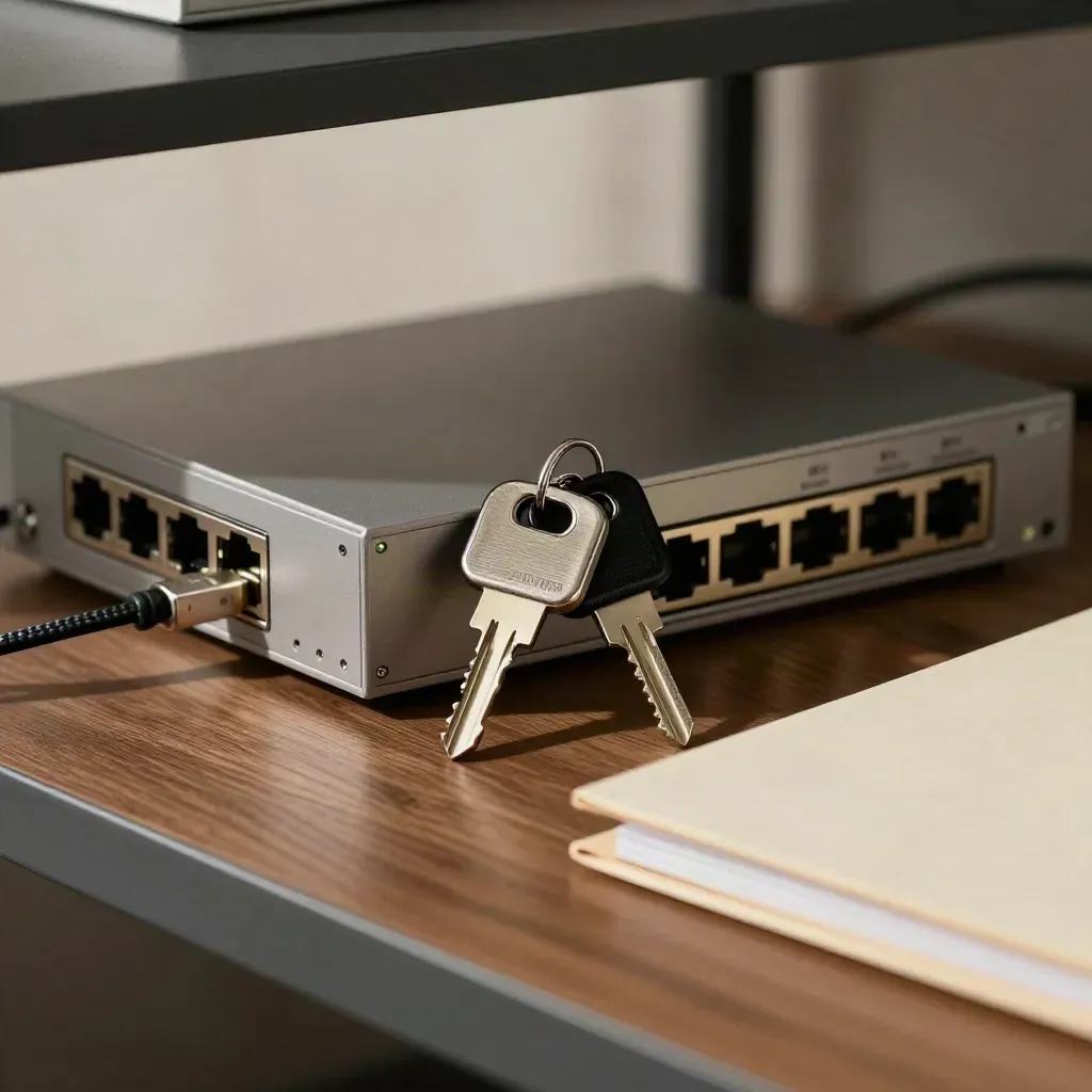 Macrodettaglio di chiavi di sicurezza, gateway mail e router su una postazione amministrativa vuota.