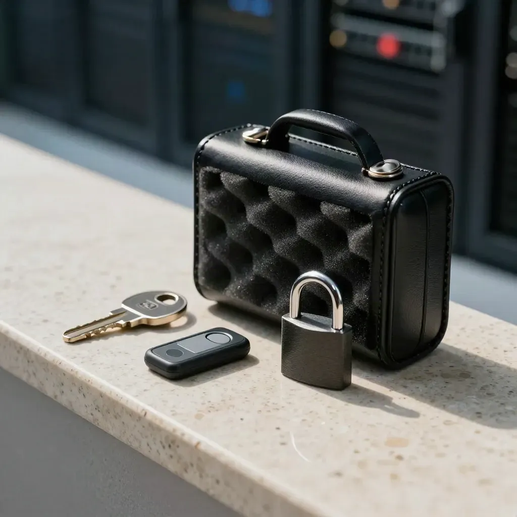 Kit sicurezza con chiave hardware, token OTP, lucchetto e custodia nera su travertino.