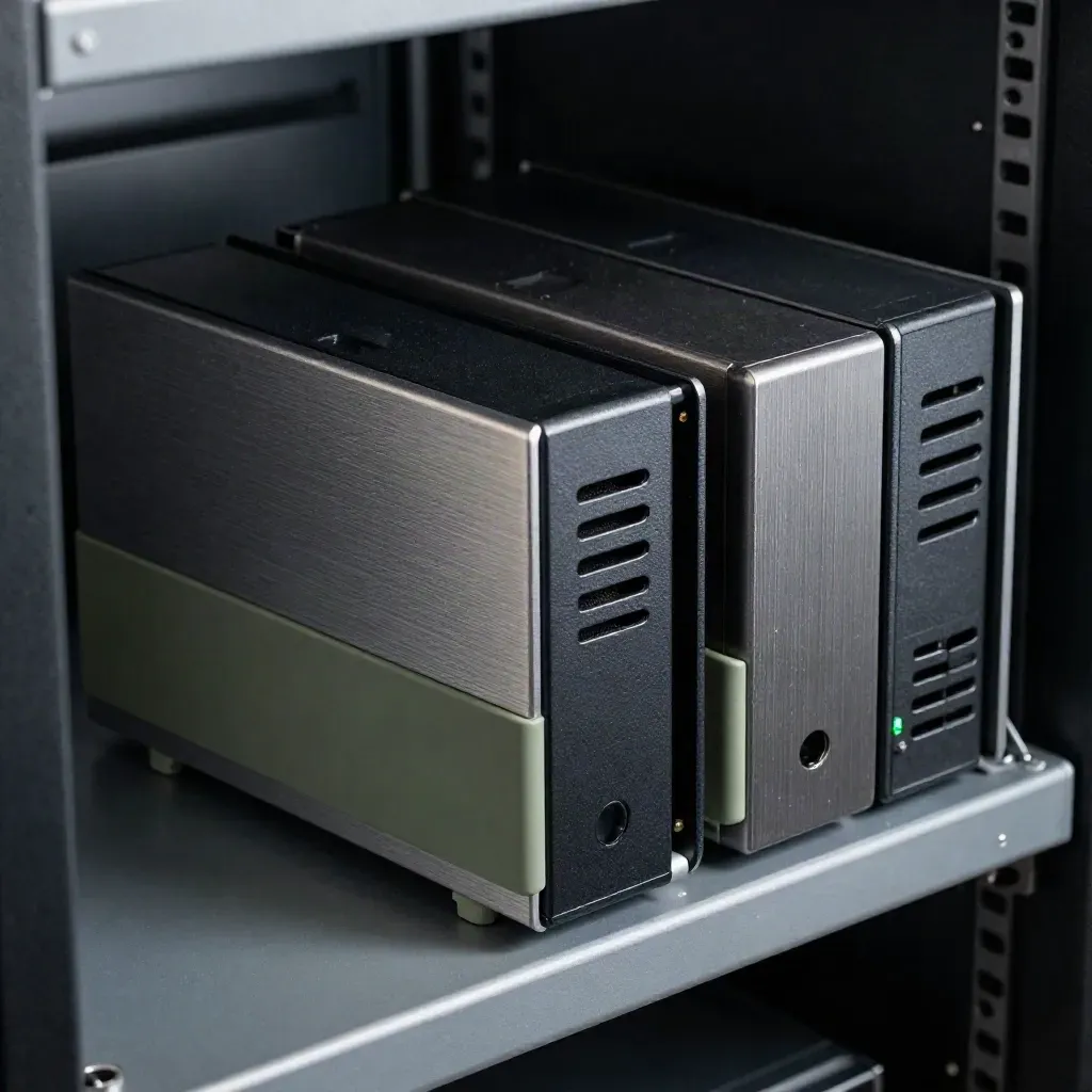 Tre SSD in tray di backup e dock NAS compatto su shelf tecnico, luce radente fredda.
