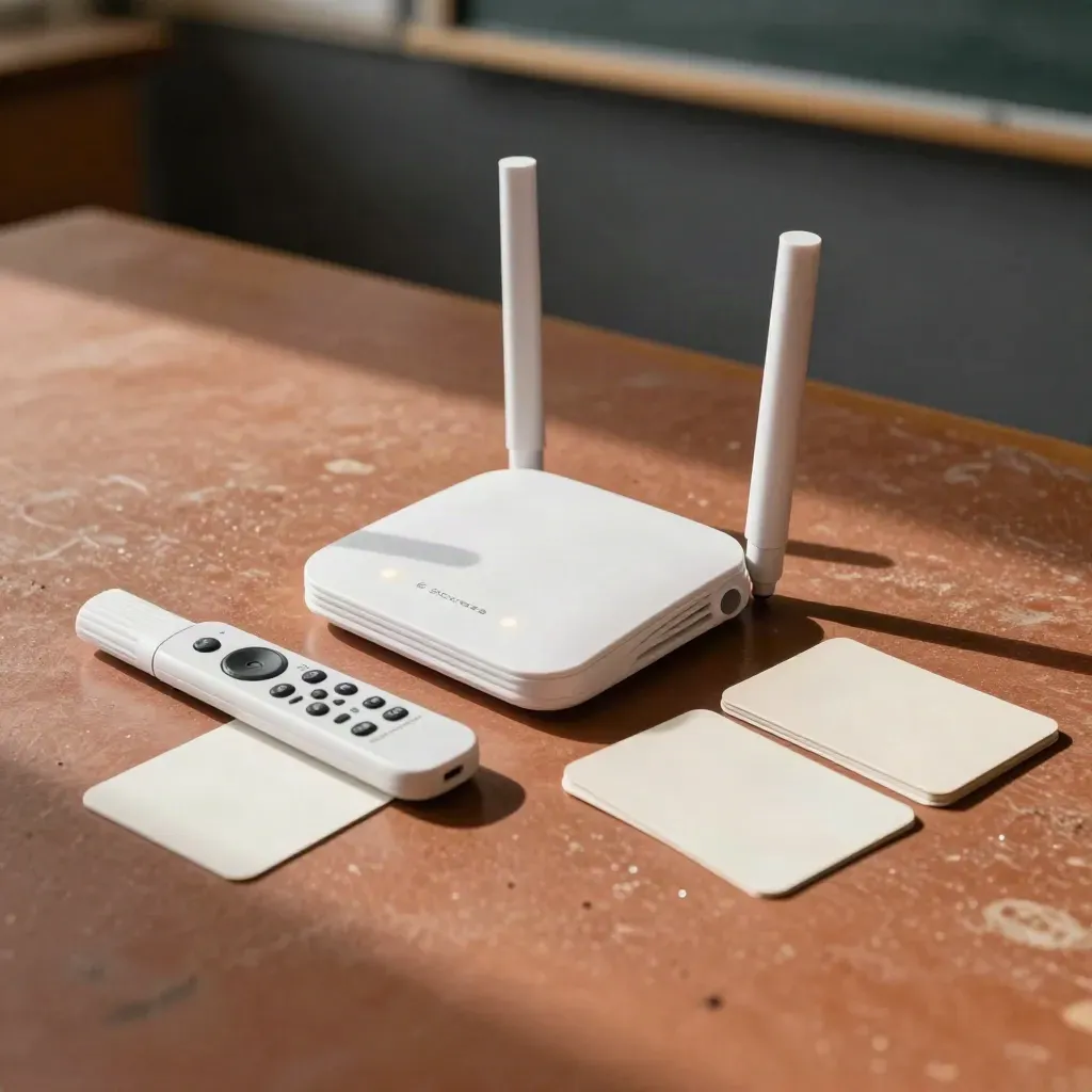 Router da training con clicker, cappuccio bianco e card chiuse su superficie terracotta.