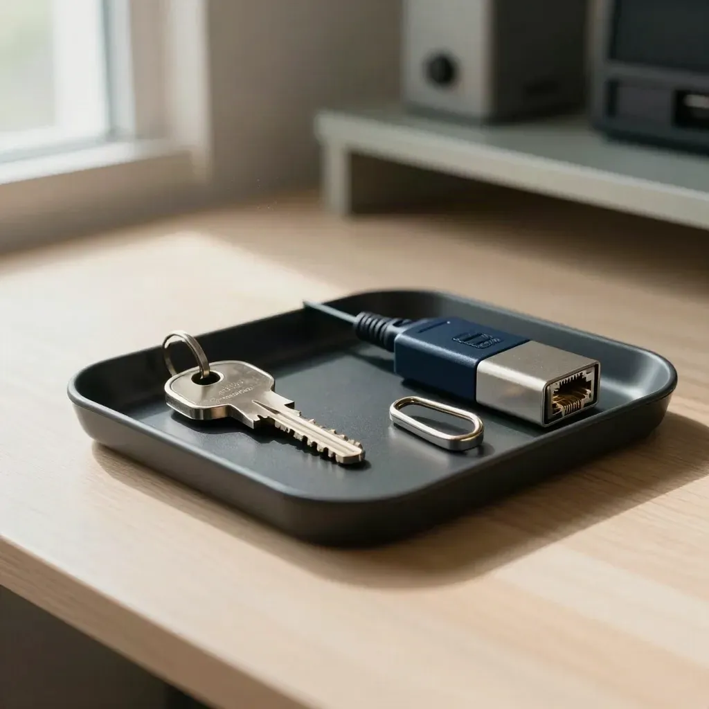Vassoio nero con chiave hardware, loopback plug e adattatore ethernet su legno chiaro