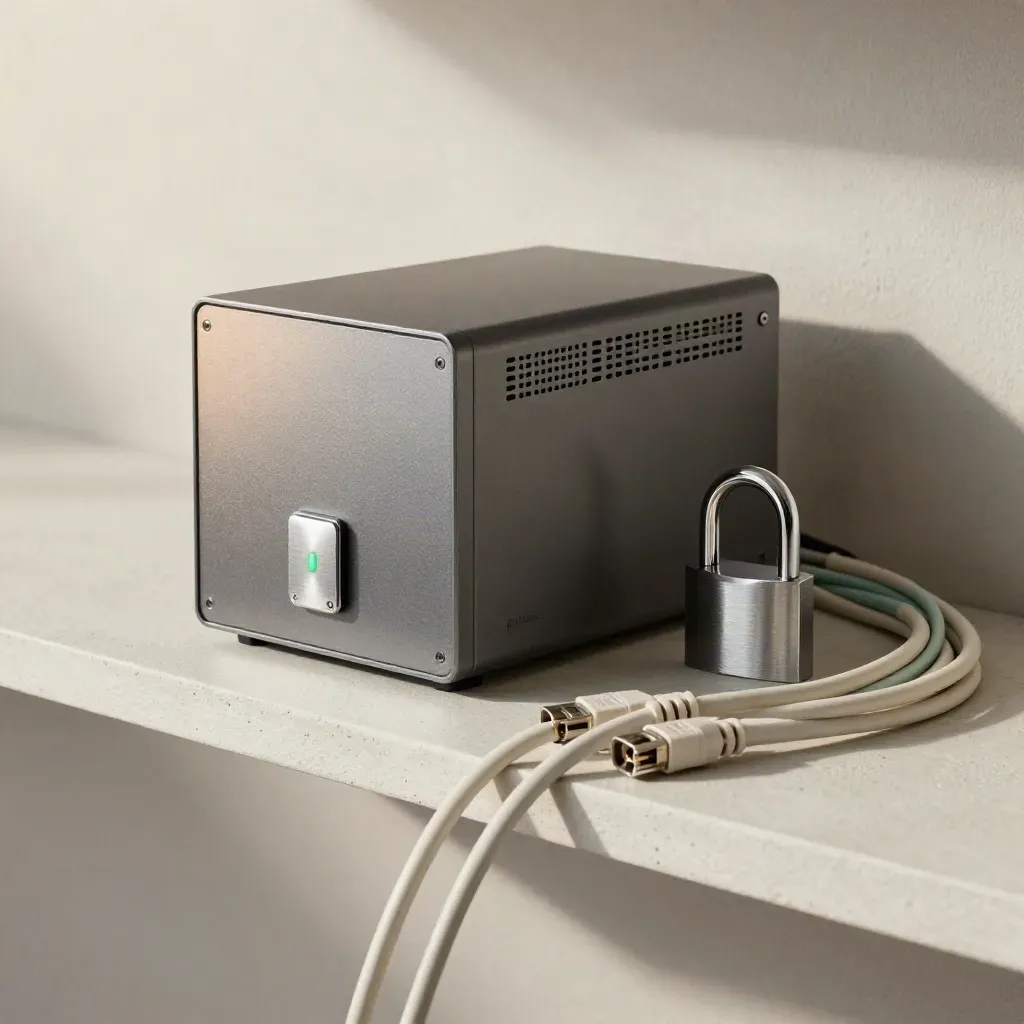 Firewall, token MFA, lucchetto e cavi patch su mensola chiara, luce morbida.