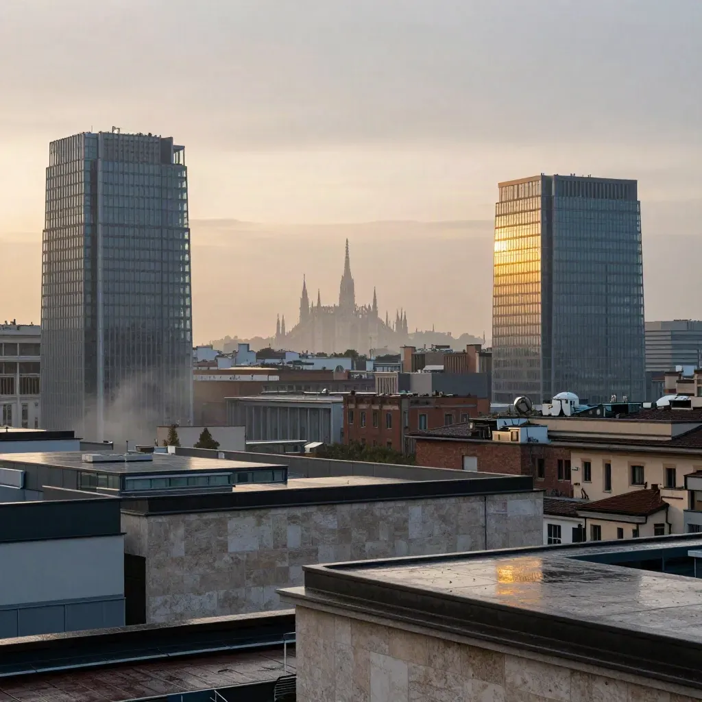 Skyline di Milano al tramonto con Duomo lontano e foschia dopo la pioggia