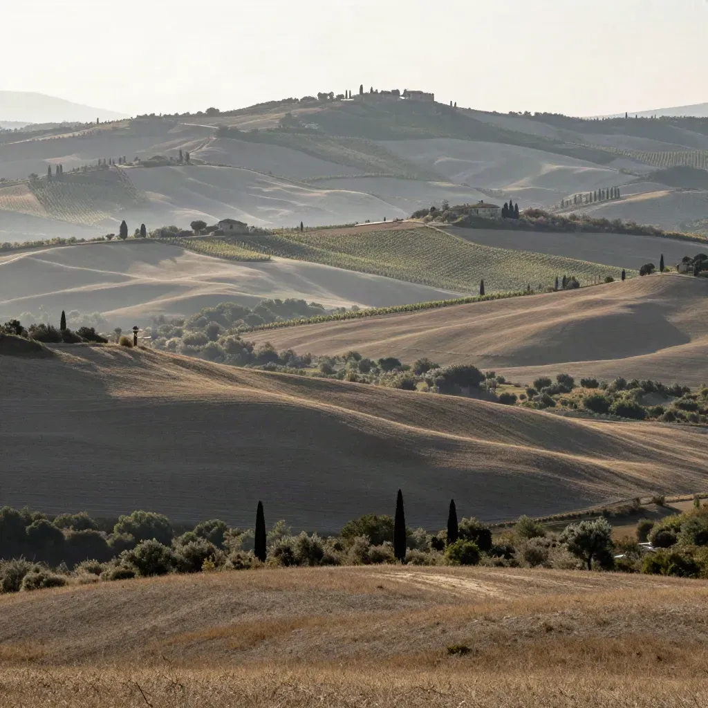 Dorsale appenninica emiliana al mattino, colline in bruma e campi ordinati verso la pianura