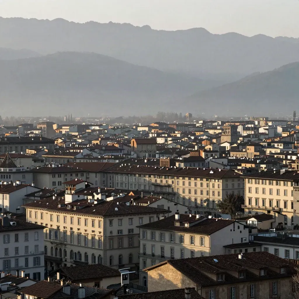 Torino al crepuscolo con tetti in terracotta e profilo alpino nella foschia